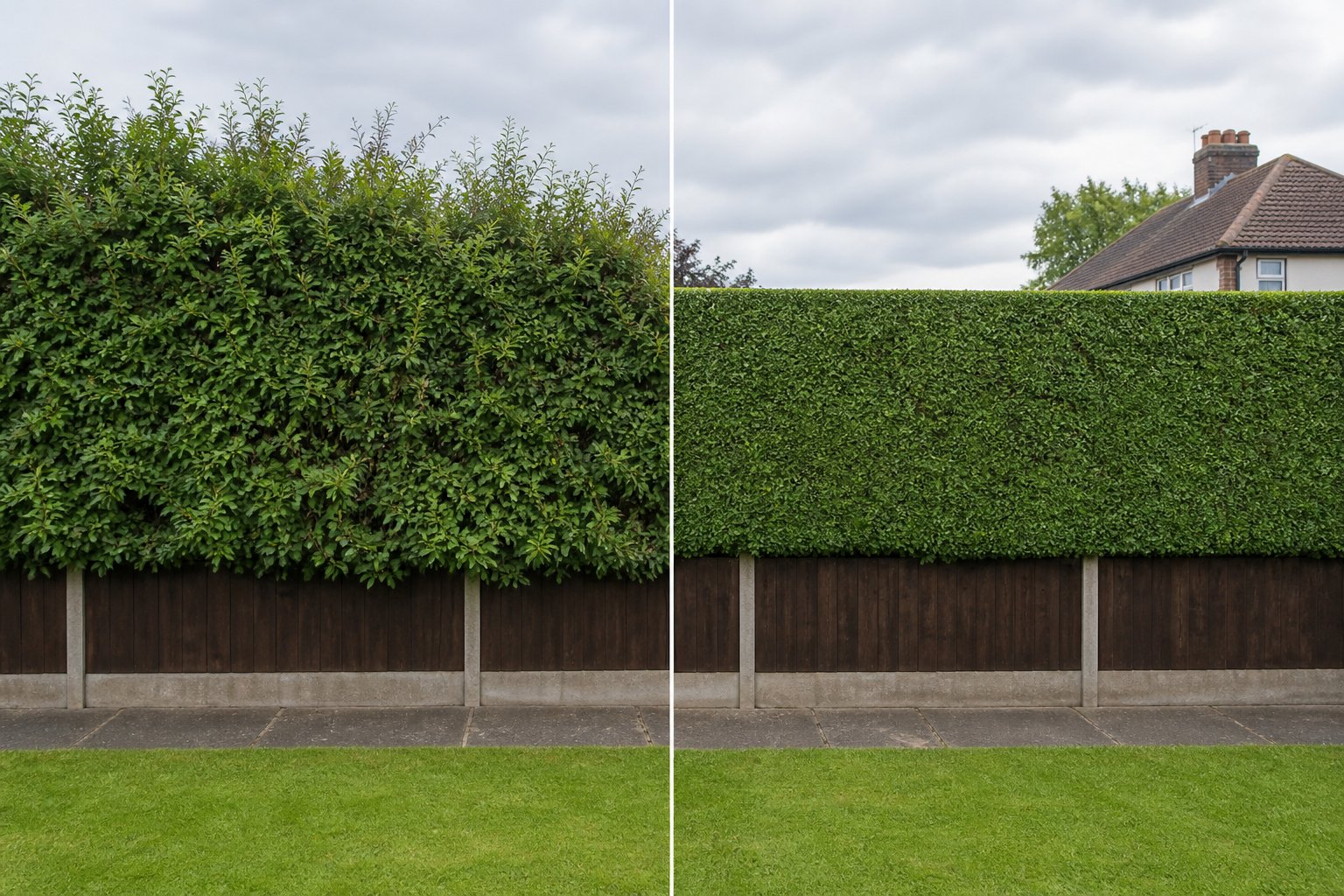 An overgrown hedge before and after professional trimming