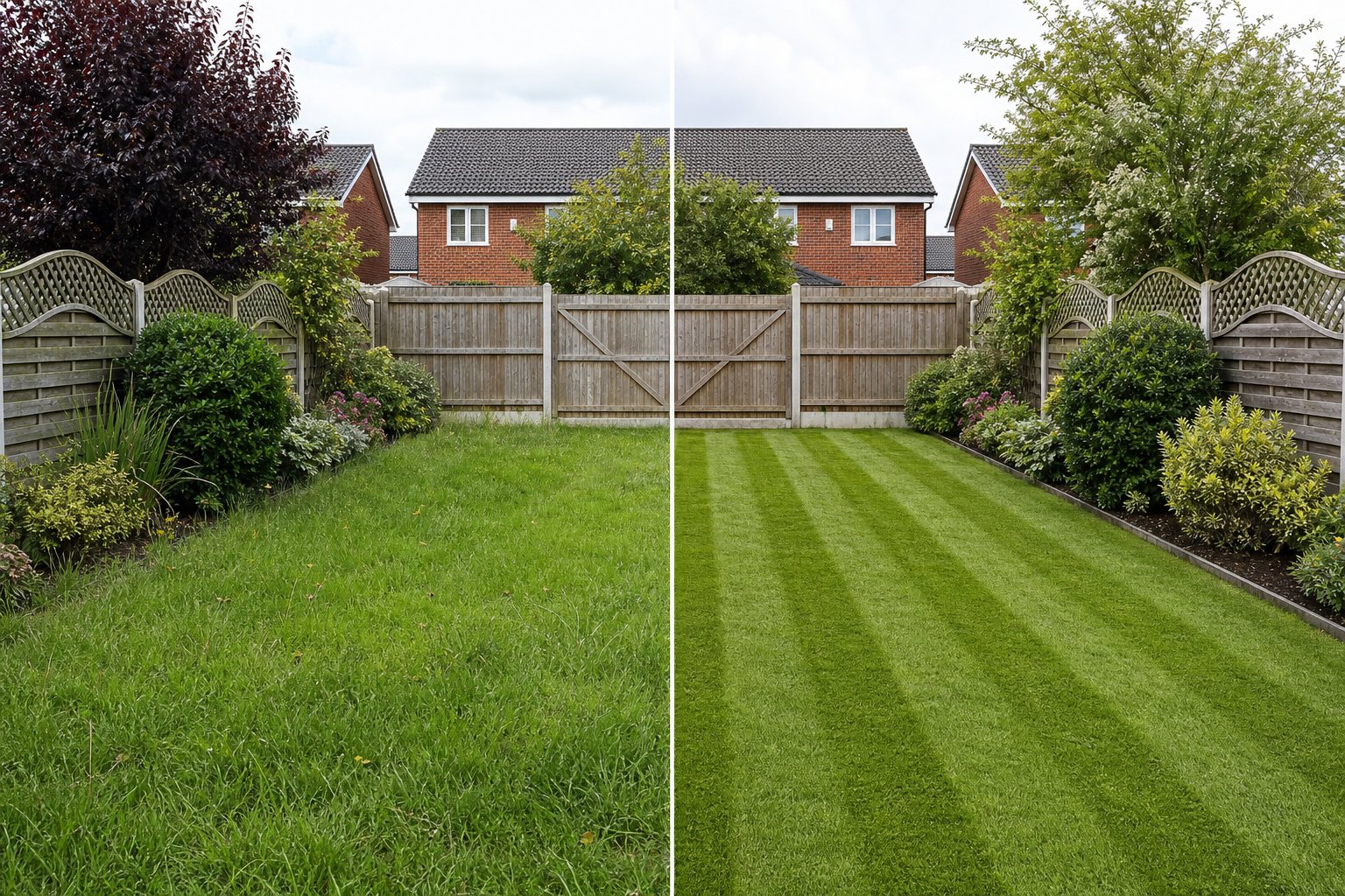 A garden lawn before and after professional mowing and edging
