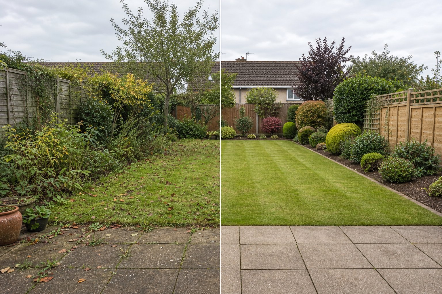 An untidy garden before and after a complete garden tidy-up